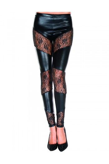 Legging noir wetlook avec dentelle florale | Music Legs