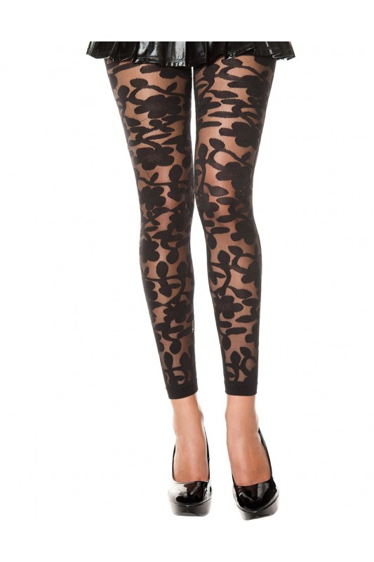 Legging noir fin transparent motif fleuri | Music Legs