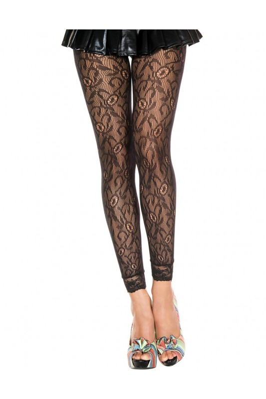 Legging fin noir : résille & dentelle motif floral | Music Legs