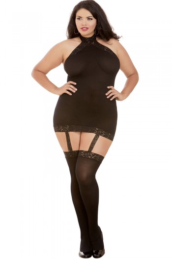 Bodystocking grande taille noir effet guêpière & dentelle | Dreamgirl