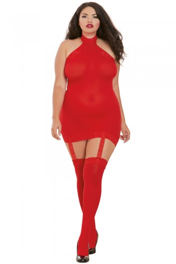 Bodystocking rouge grande taille, effet guêpière & dentelle | Dreamgirl