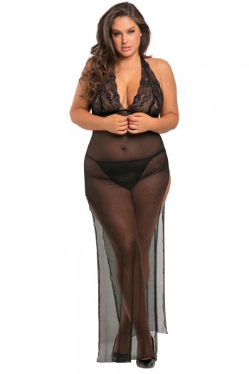 Nuisette longue grande taille transparente & fendue | René Rofé 2