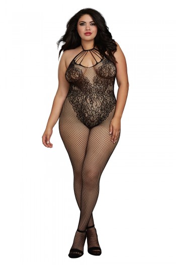 Bodystocking Grande taille résille style Body & décolleté à lanières | Dreamgirl