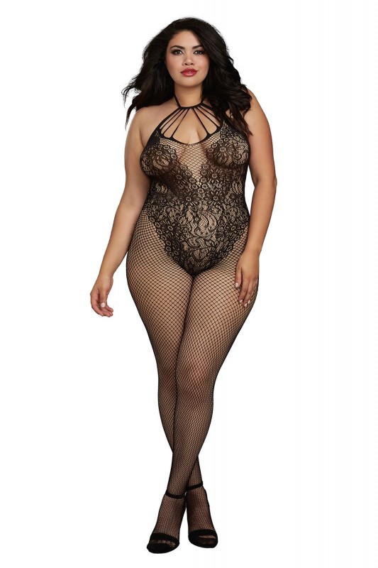 Bodystocking Grande taille résille style Body & décolleté à lanières | Dreamgirl