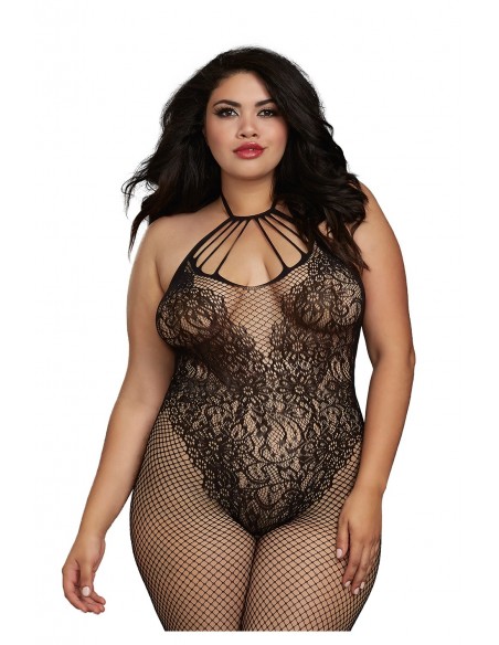 Bodystocking Grande taille résille style Body & décolleté à lanières | Dreamgirl