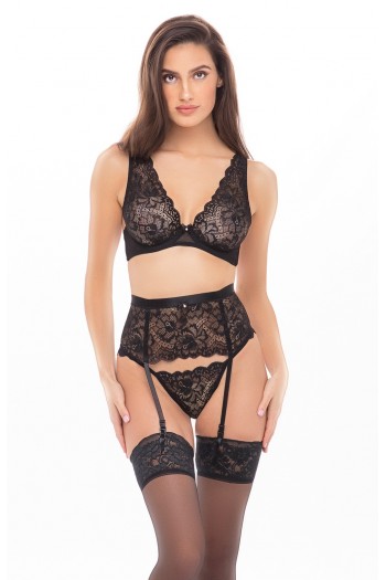 Ensemble à jarretelles en dentelle noir - 3 pièces | René Rofé
