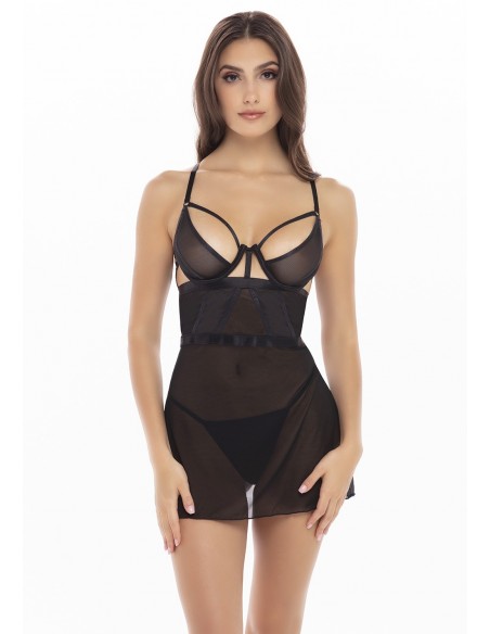 Nuisette résille noire bonnets armatures & string assorti | René Rofé