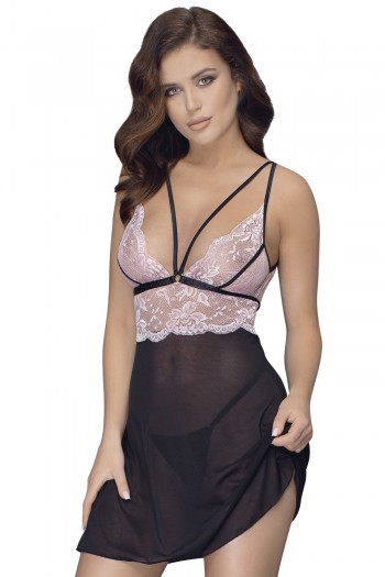 Nuisette Maille Noire & Guipure Rose avec string | COTTELLI
