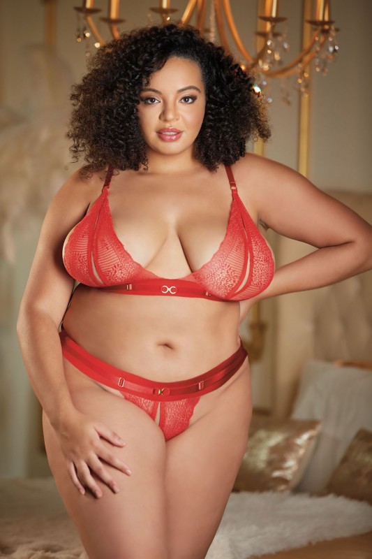 Ensemble rouge grande taille - soutien-gorge fendu & string ouvert | Allure