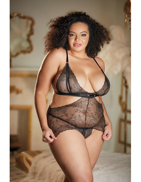 ROSIE : Nuisette dentelle noire grande taille & string ouvert | Allure