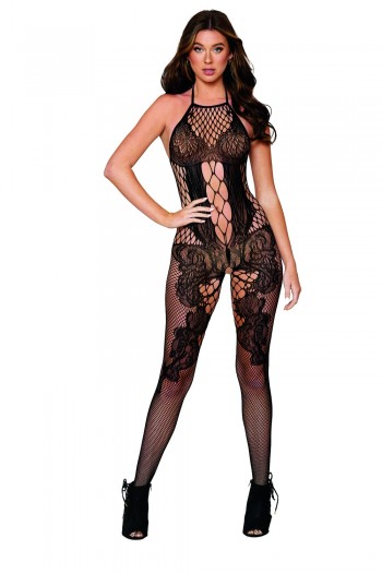 Bodystocking Effet Body & Bas Noir avec Dentelle | Dreamgirl