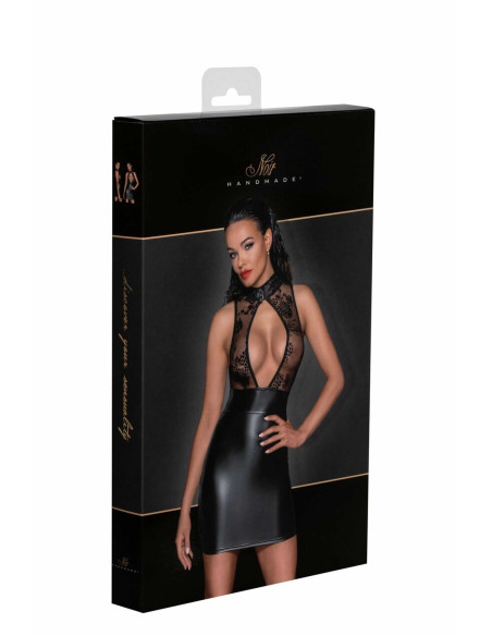 F241 robe courte wetlook et tulle brodé | Noir HandMade