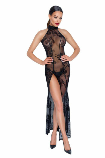 F239 robe longue en tulle brodé noir | Noir HandMade